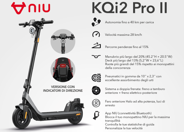 monopattino elettrico niu KQi2 Pro II grigio bianco potente 500w omologato freno doppio pendenze frecce indicatori direzione
