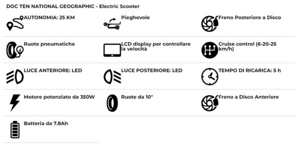 monopattino elettrico nilox doc ten national geographic freno disco motore 350w batteria NXESNATGEO10